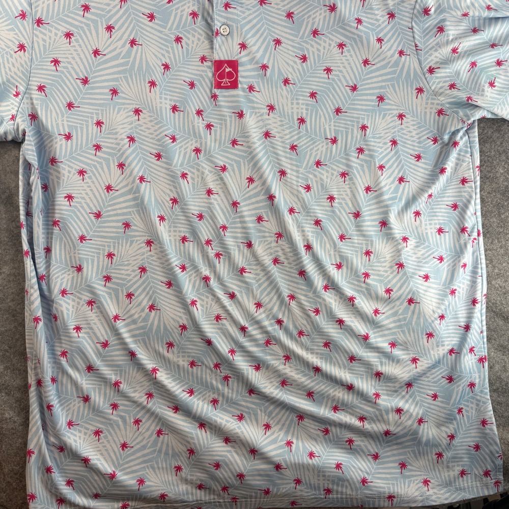 Pins & Aces Polo Shirt Men XXL Blue Pink Tropical Palm Tree Performance Golf Tee - Picture 6 of 13
